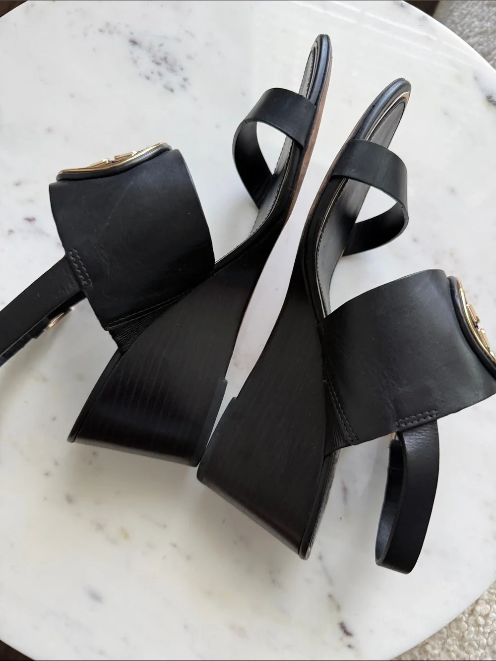 Tory Burch Miller Black Wedge Sandals with Gold Emblem Size 7.5